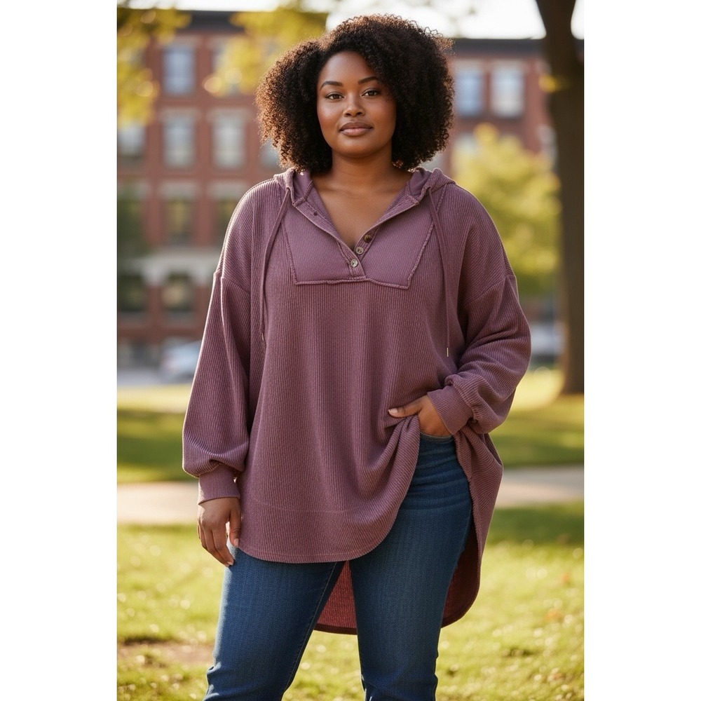 Anthropologie Pilcro Ribbed Hooded Henley Top XL Pink Purple Cotton Thermal Boho